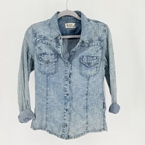 Womens Acid Wash Denim Western Snap Front Shirt Blue Size M 90s Y2k Rodeo